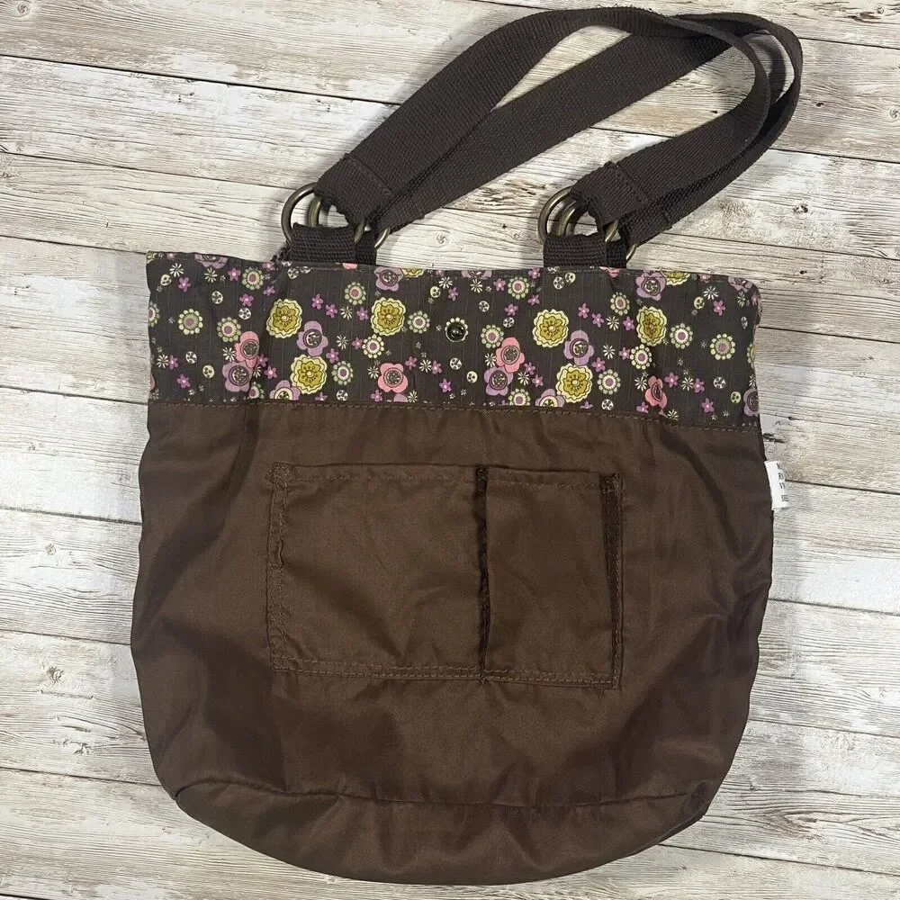Everyday Shoulder Bag Brown Floral Button Closure, Boho, Cottagecore, Pockets